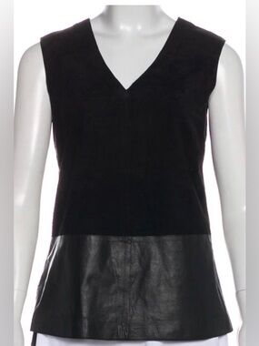 Vince Leather & Suede Black V-Neck Top. Size 4.
